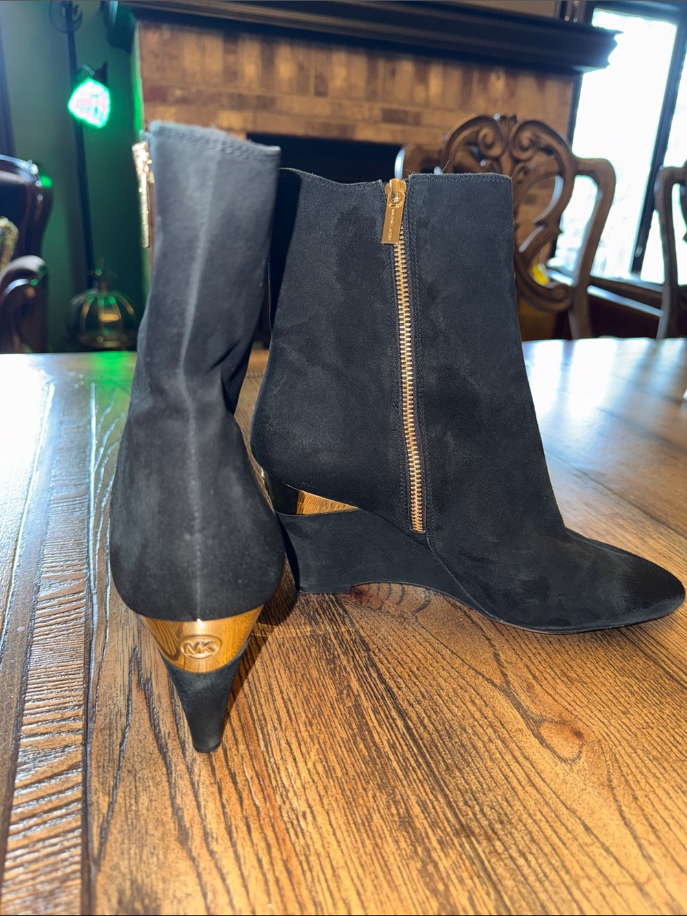 Michael Kors Black Suede Ankle Booties with Gold Heel Detail
